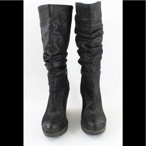 Prada Luxe Authentic Black Oiled Leather Ruched Wedge Knee High Boots Sz 39 US 9 - Picture 2 of 5